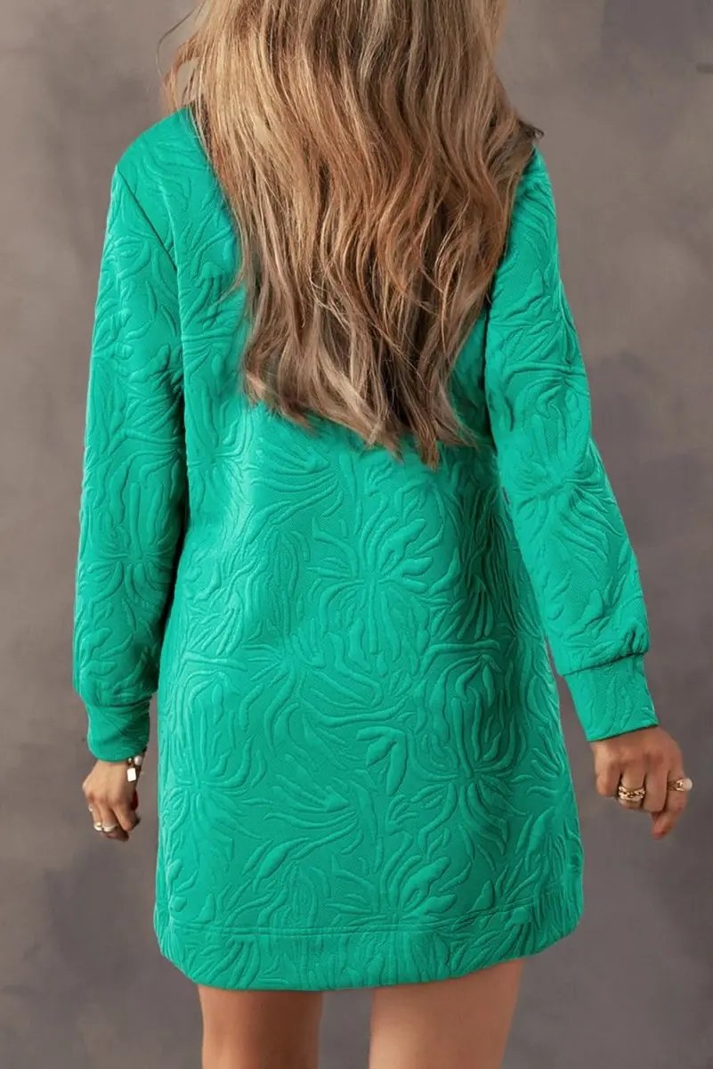 Sea Green Jacquard Textured Quarter Zipper Shift Mini Dress - Love Salve
